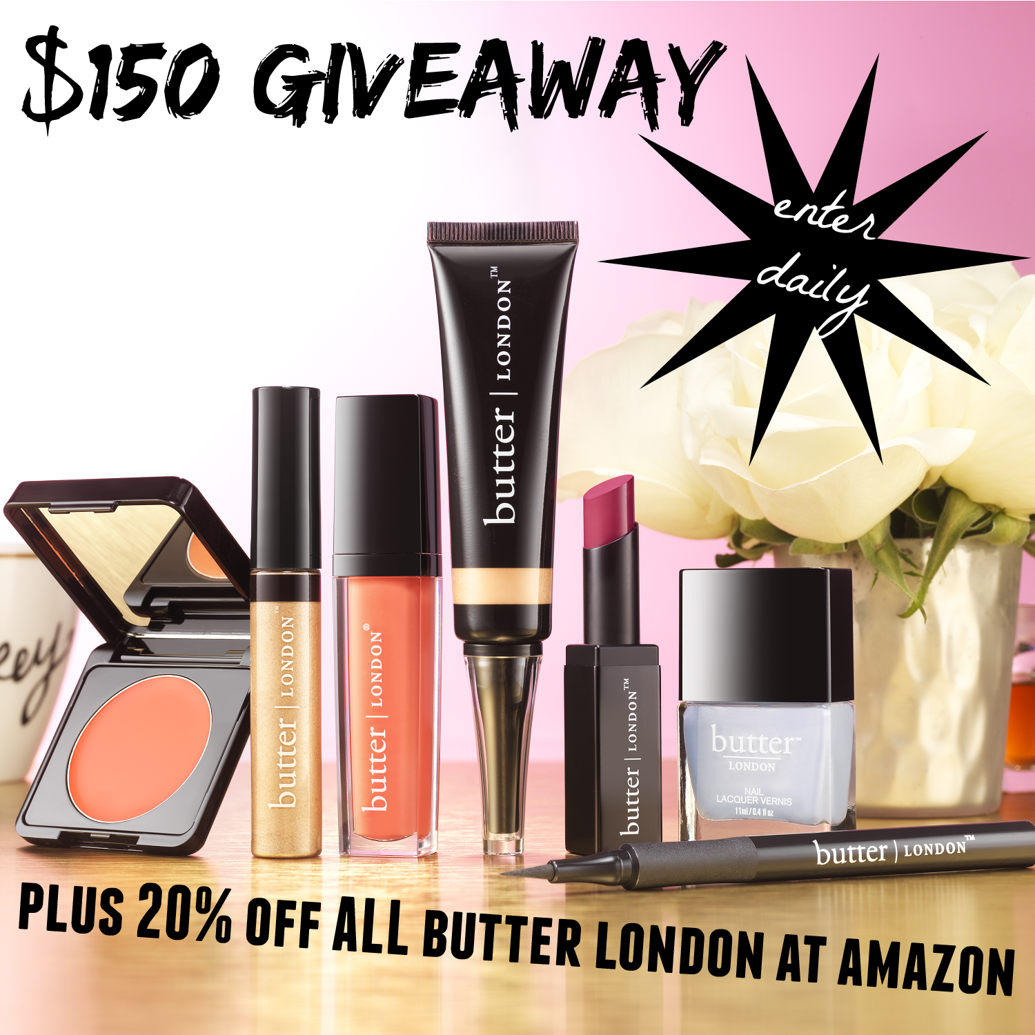 Giveaway of $150 worth of butter LONDON cosmetics plus take 20% off ALL butter LONDON cosmetics at Amazon's Luxury Beauty Store