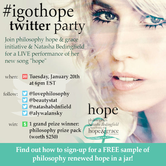 GIVEAWAY, Join, BeautyStat, philosophy, Natasha, Bedingfield, &, Aly, Walansky, For, A, #igothope, Twitter, Party, Exclusive, Premiere, Of, Brand, New, Song, “hope”, To, Raise, Awareness, For, Women’s, Mental, Health, Issues