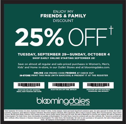 Bloomingdale’s, Friends, &, Family, 25%, Off, Discount, Coupon, Promo, Code, October, November, Fall 2015