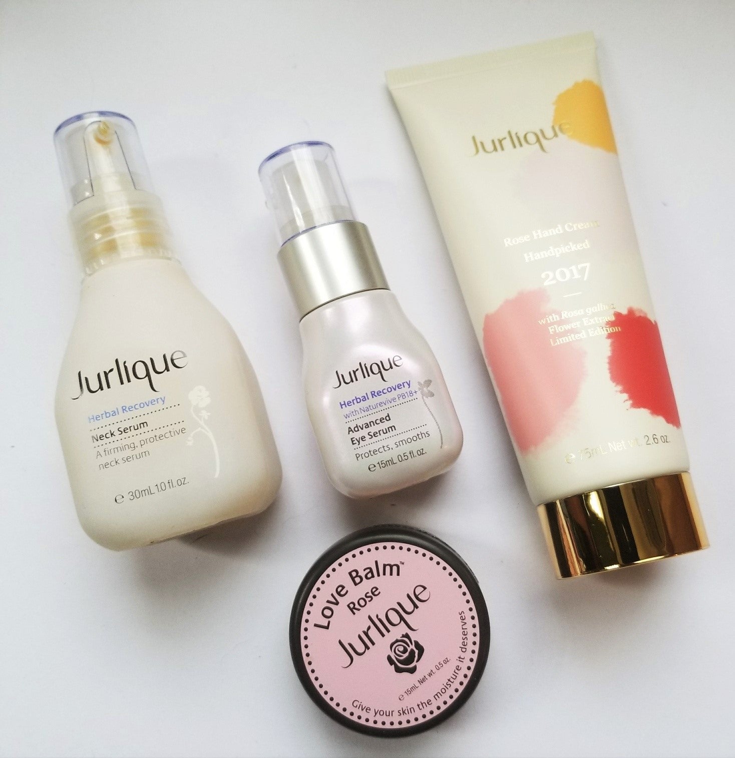 Review, Ingredients, Photos, Swatches, Skincare Trend 2017, 2018: Jurlique Herbal Recovery Neck Serum, Herbal Recovery Advanced Eye Serum, Rose Hand Cream Handpicked 2017, Love Balm Rose