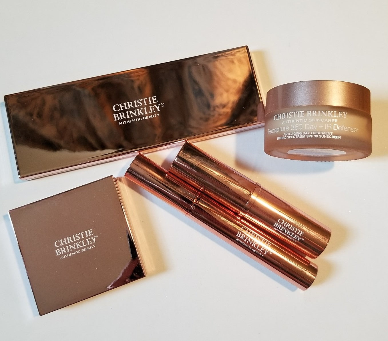 Review, Swatches, Makeup Trends 2018, 2019, 2020: Christie Brinkley Sheer Powder Bronzer, Natural Glow Stick Highlighter, Day to Night Eyeshadow Palette, Mascara, Enhanced Anti-Aging Day Cream with SPF 30