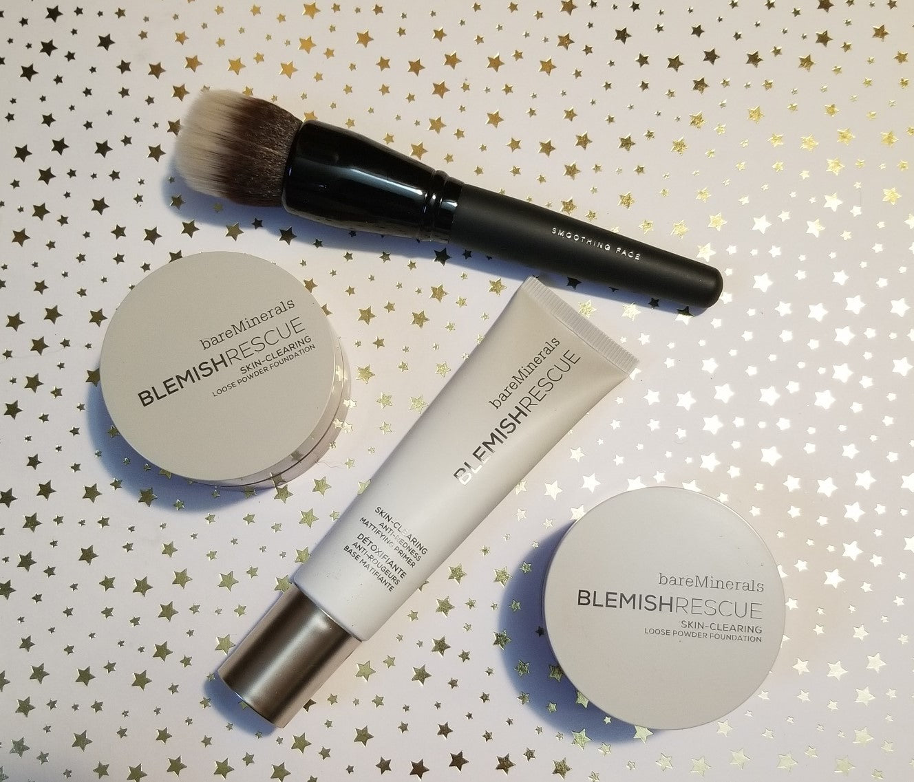 Review, Swatches, Photos, Makeup Trends 2018, 2019, 2020: Bare Minerals, Blemish Rescue Skin-Clearing Anti-Redness Mattifying Primer, Loose Powder Foundation, Smoothing Face Foundation Brush