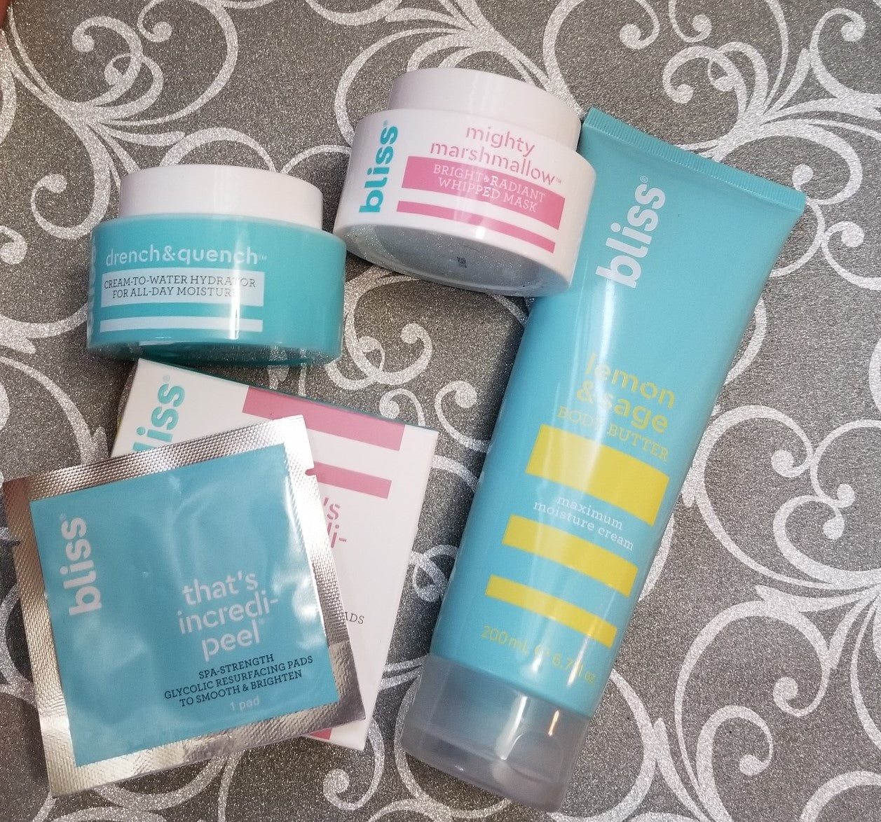 Review, Ingredients, Photos, Skincare Trend 2018, 2019, 2020: Bliss, That's Incredi-Peel Pads, Drench & Quench Moisturizer, Mighty Marshmallow Mask, Lemon & Sage Body Butter