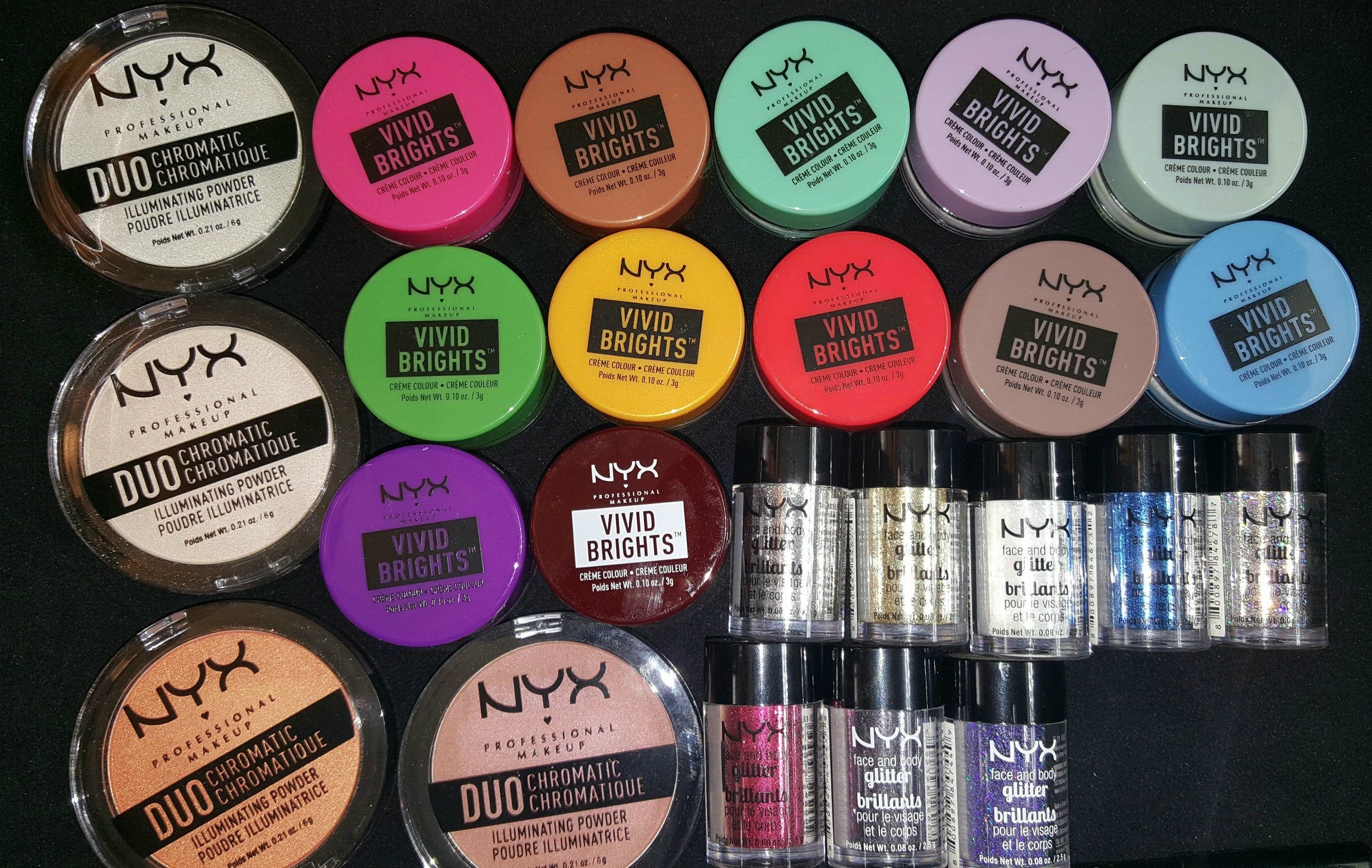 Review, Photos, Swatches, Makeup Trend 2017, 2018: NYX Duo Chromatic Illuminating Powders, Face and Body Glitter, Vivid Brights Crème Colours, Inner Eye Brighteners