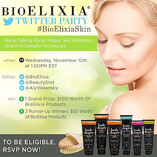 GIVEAWAY, Join, BeautyStat, BioElixia, &, Aly, Walansky, For, A, #BioElixiaSkin, Twitter, Party, Learn, About, Proper, Skin, Hydration, &, Anti-Cellulite, Techniques