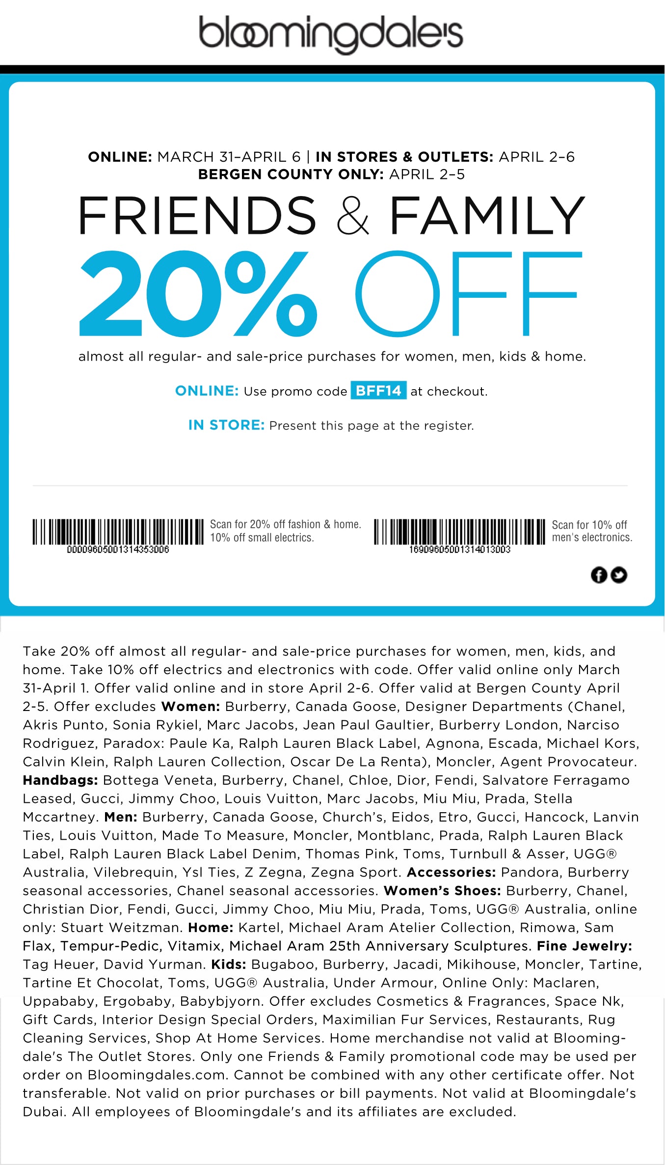 Bloomingdale's Friends & Family 20% Off Discount Coupon Promo Code: March/April 2014