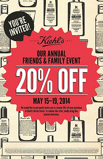Beauty, Discount, Kiehl's, Annual, Friends, &, Family, Event, 2014, 20%, Off, In, Store, &, Online