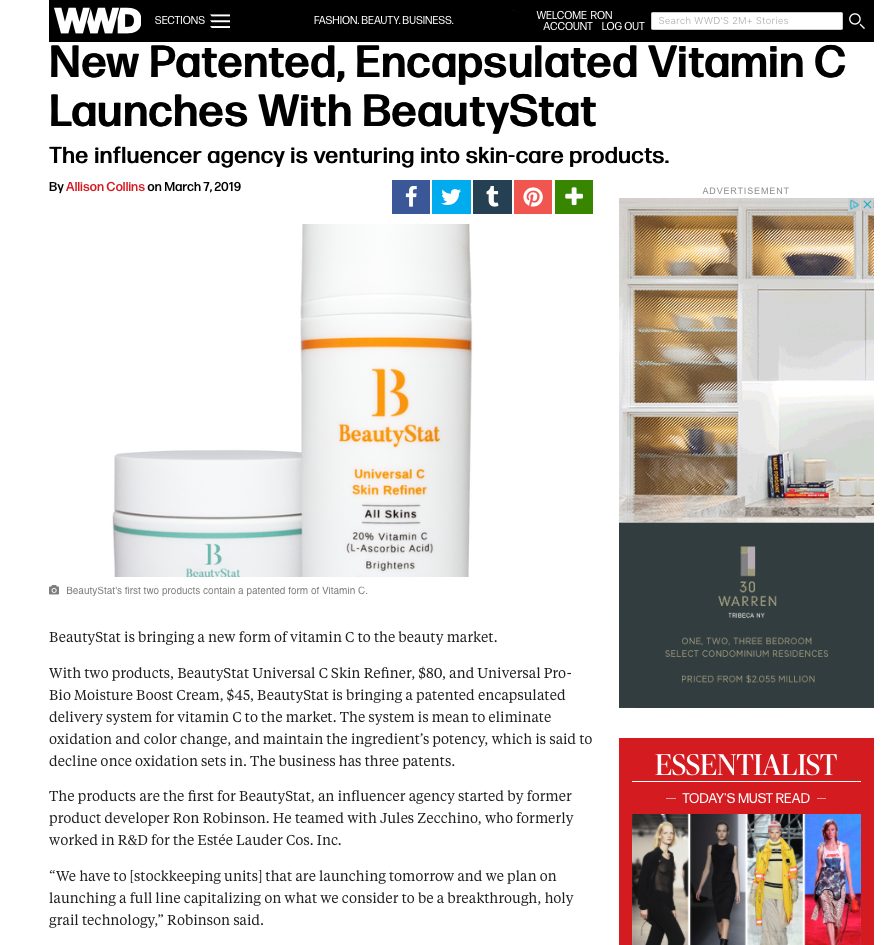 In WWD: New Patented, Encapsulated, Stable Vitamin C Launches With BeautyStat