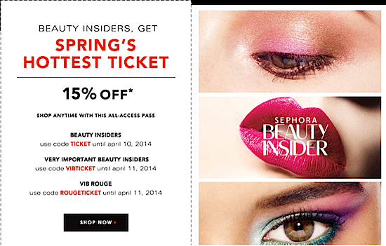 Discount Promo Code Coupon: Sephora Spring Beauty Insider 15% Off Sale - Spring 2014 #bstat