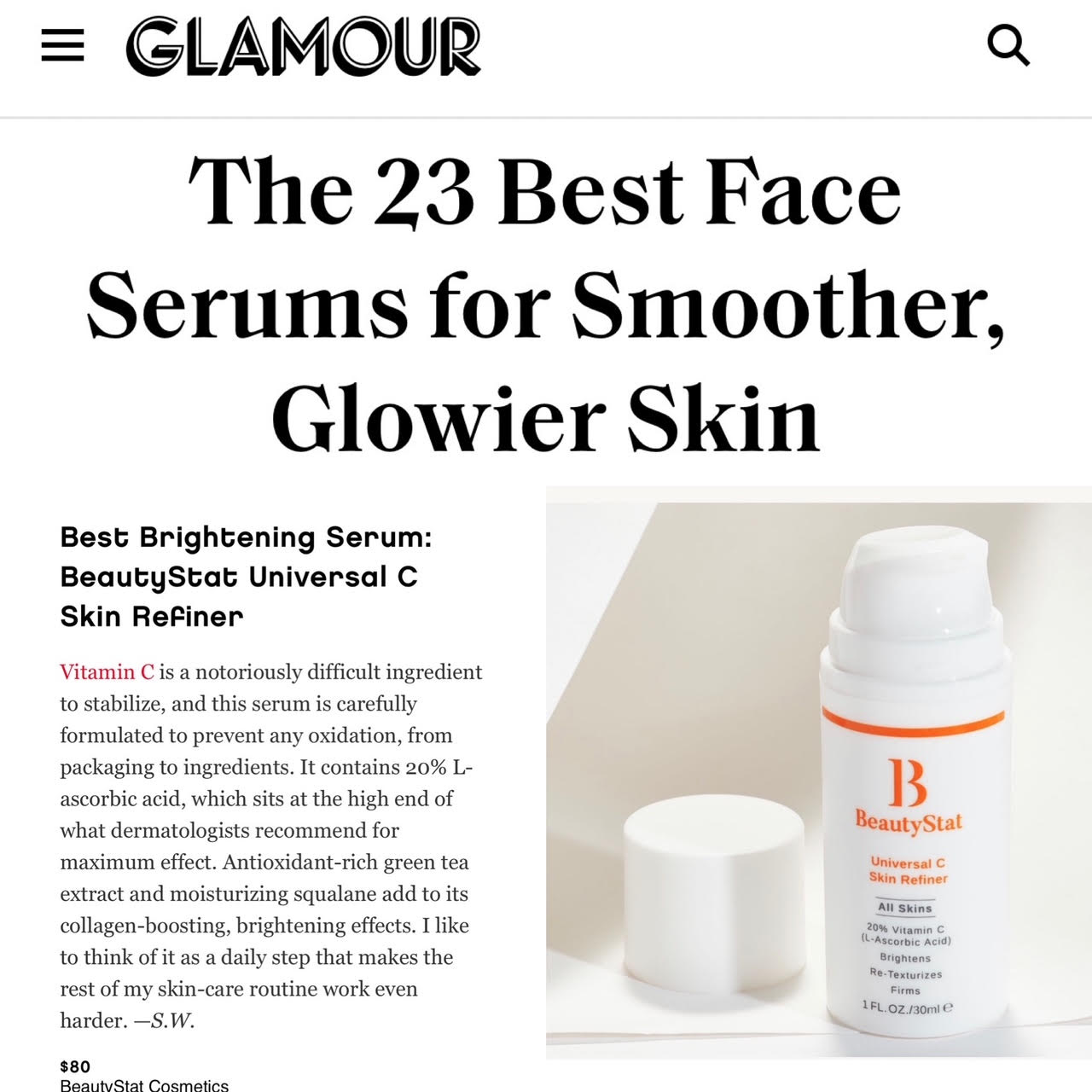 Glamour named our Universal C Skin Refiner as best brightening vitamin C serum. See article here.