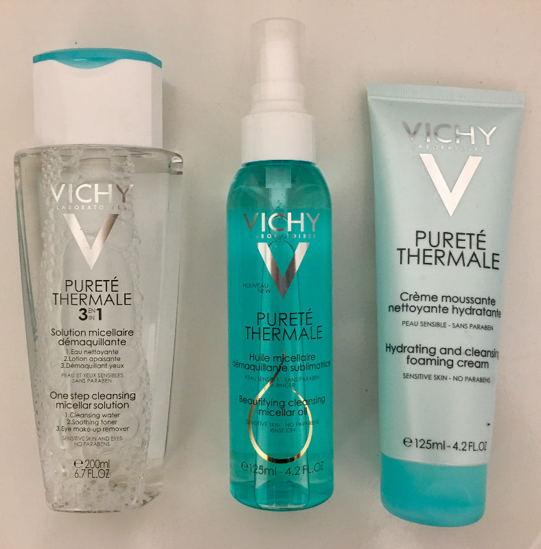 Review, Skincare Trend 2017, 2018: Vichy Purete Thermale Hydrating and Cleansing Foam, 3 in 1 Step Cleansing Micellar Solution, Beautifying Cleansing Oil