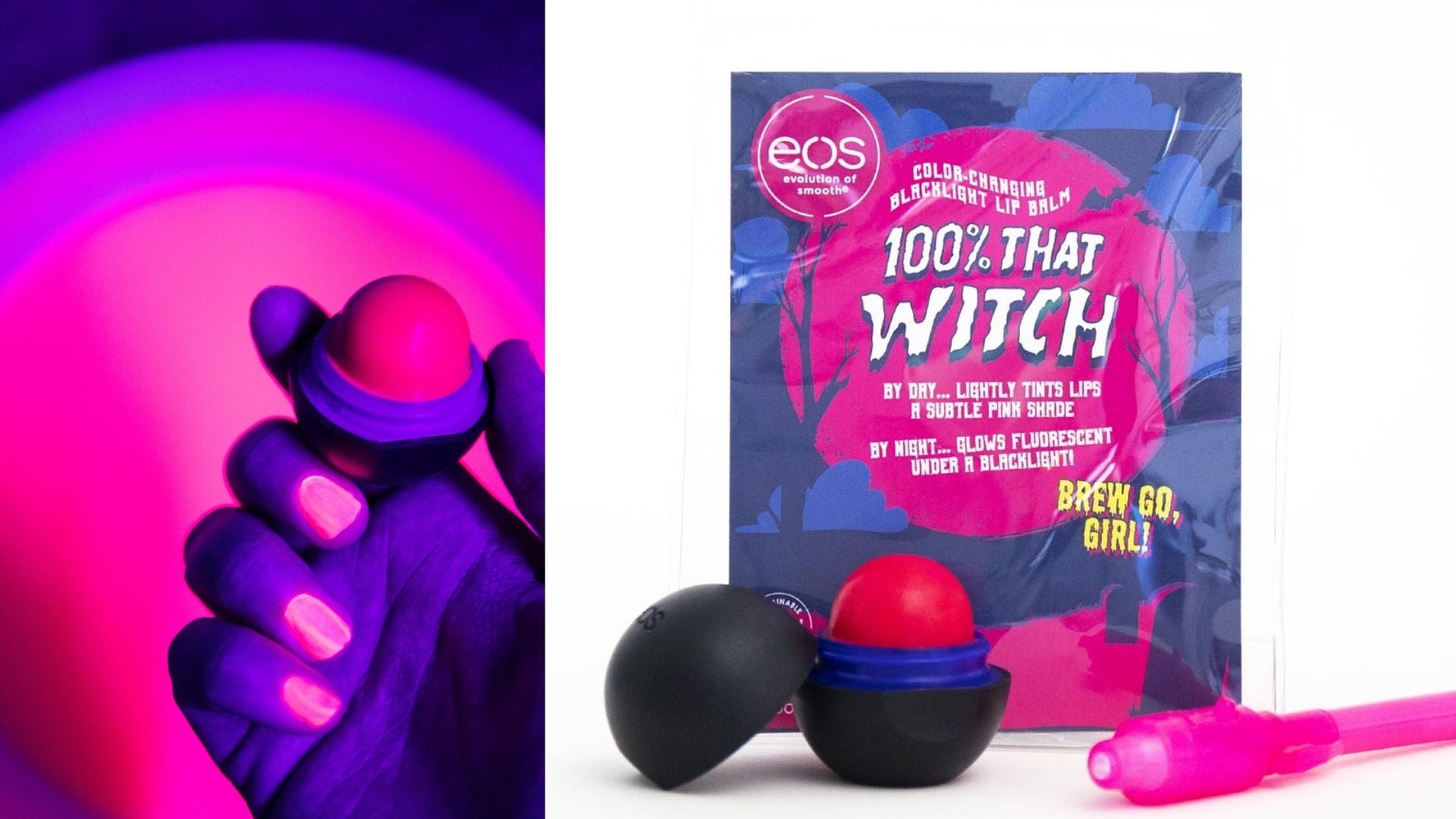 reviews, makeup, skincare, trends, 2020, 2021, eos, lip balm, blacklight lip balm, 100% that witch, limited edition, halloween, halloween makeup, halloween lip balm, halloween chapstick, glow in the dark