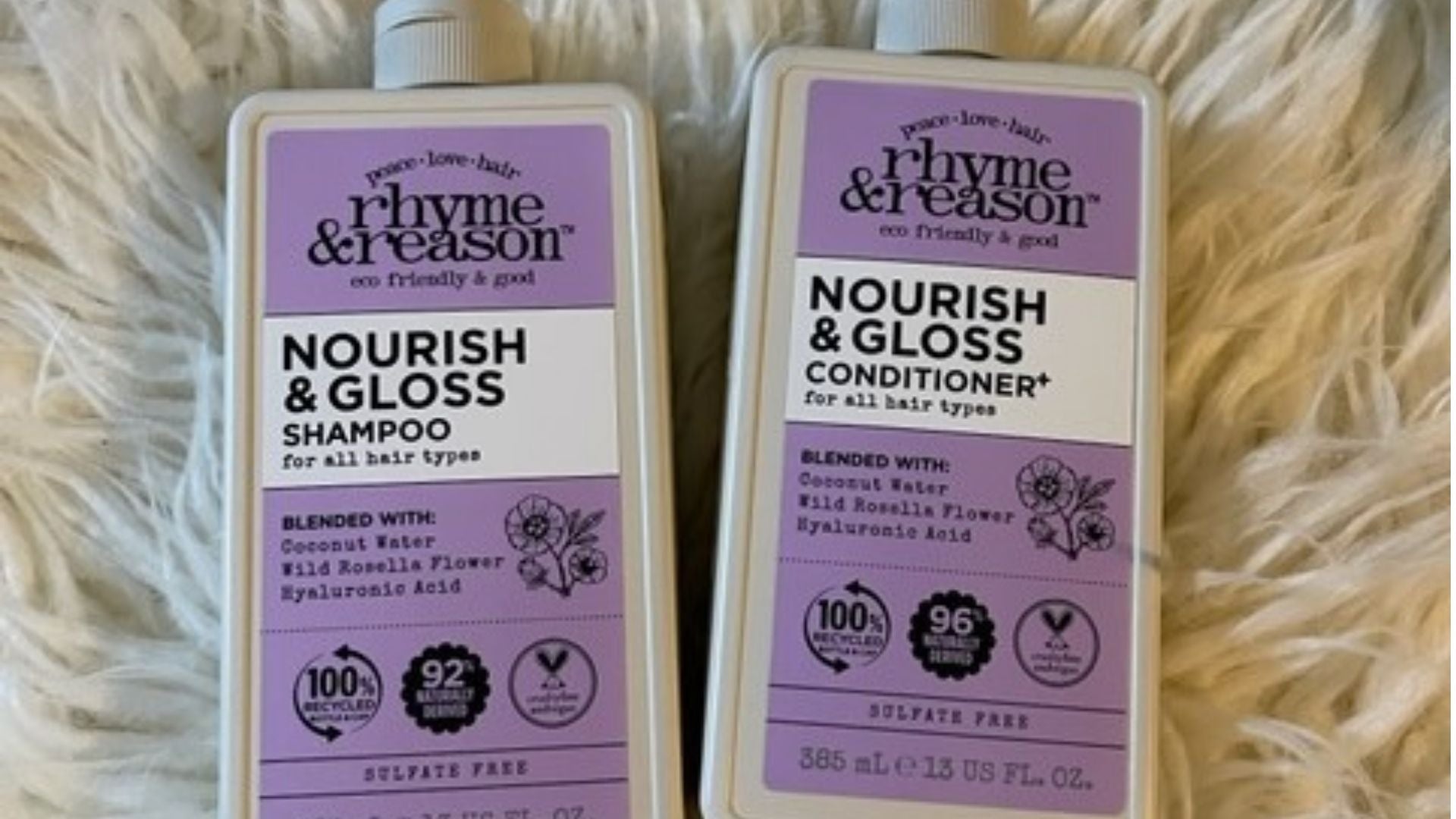 review, photos, ingredients, trends, hair care, 2022, 2023, rhyme & reason, nourish & gloss, shampoo, conditioner, eco friendly hair care, vegan, cruelty free, recycled bottles and caps, dermatologist approved